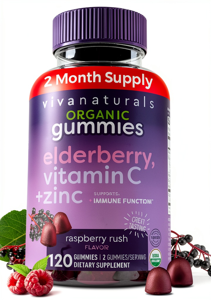 Elderberry Zinc Gummies bottle displayed on a kitchen counter