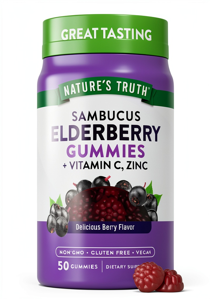 Nature’s Truth Elderberry Gummies bottle display on a wellness shelf