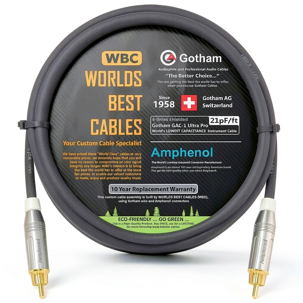 Installing RCA Subwoofer Cables by Worlds Best Cables on a wooden desk