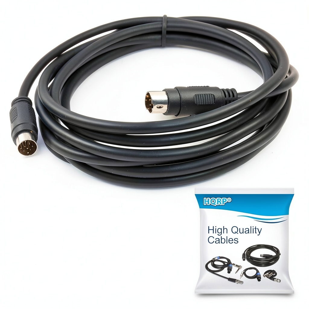HQRP 9‑pin Mini‑DIN audio cable coiled on a home theater shelf