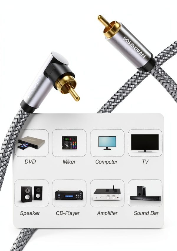 SOUNDFAM 90 Degree Subwoofer RCA Cable H-90RR Gold-Plated Tangle-Free-1